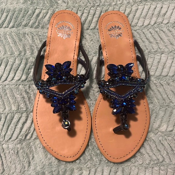 Yellow Box Shoes - Yellow Box Blue Crystal Embellished Flip Flops - 10